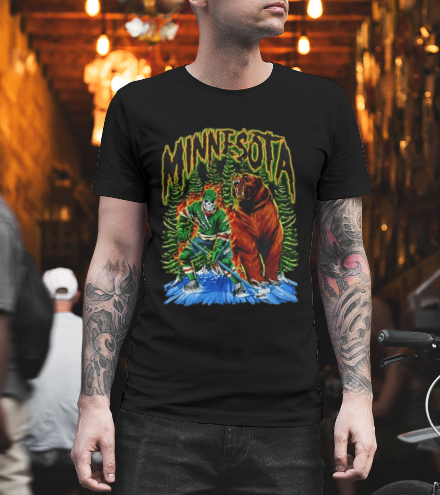 Minnesota Wild Hockey Skeleton Bear Forest Fire T-Shirt