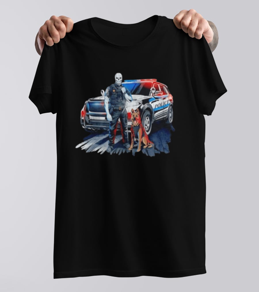 Skeleton Police Officer And Working Dog With Patrol Car T-Shirt