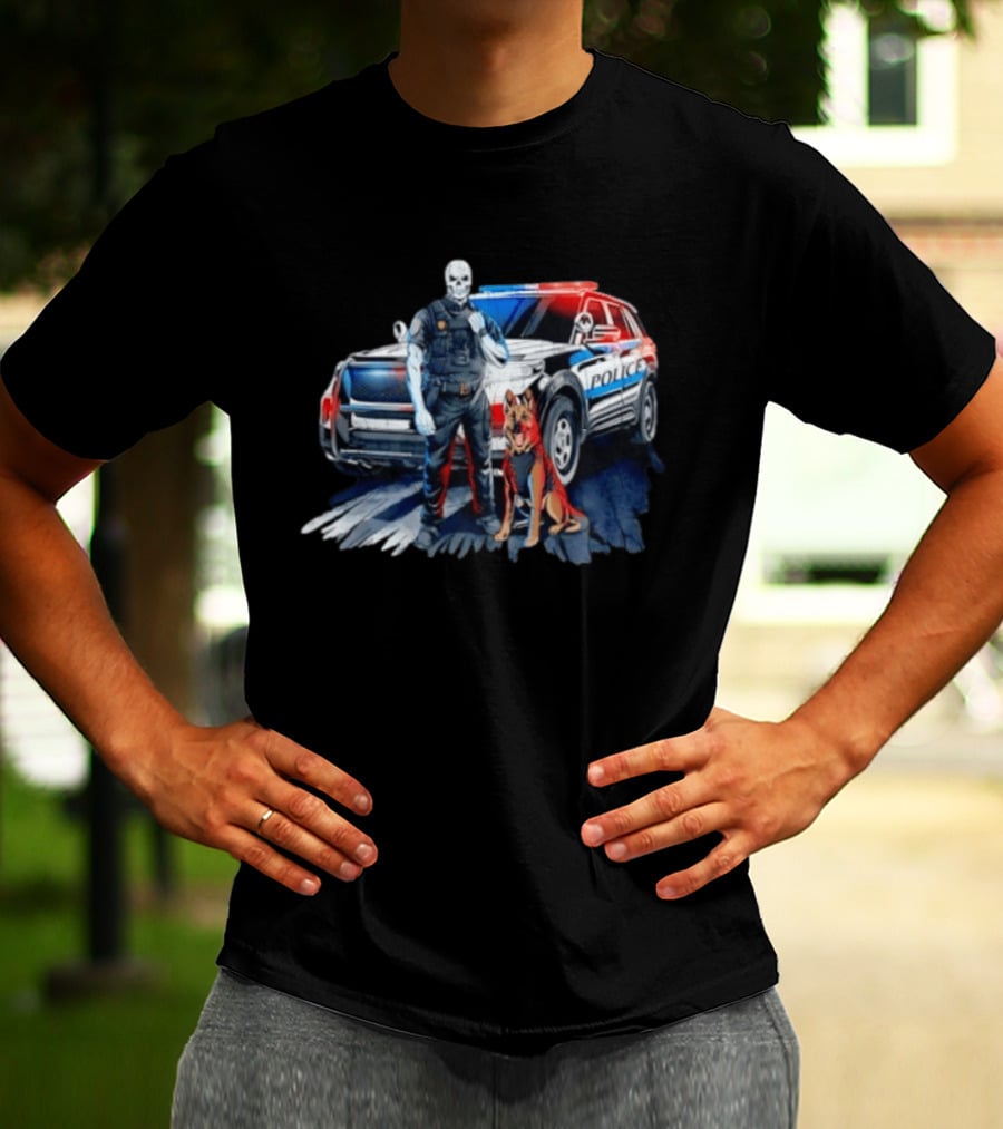 Skeleton Police Officer And Working Dog With Patrol Car T-Shirt