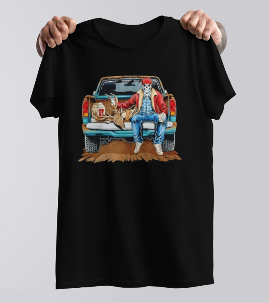 Skeleton Cowboy With Deer Antlers Truck Scene T-Shirt