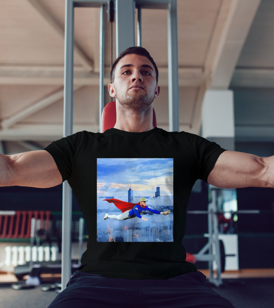 Superman Nico Hoerner Chicago Cubs Second Baseman Flying Over City Skyline T-Shirt