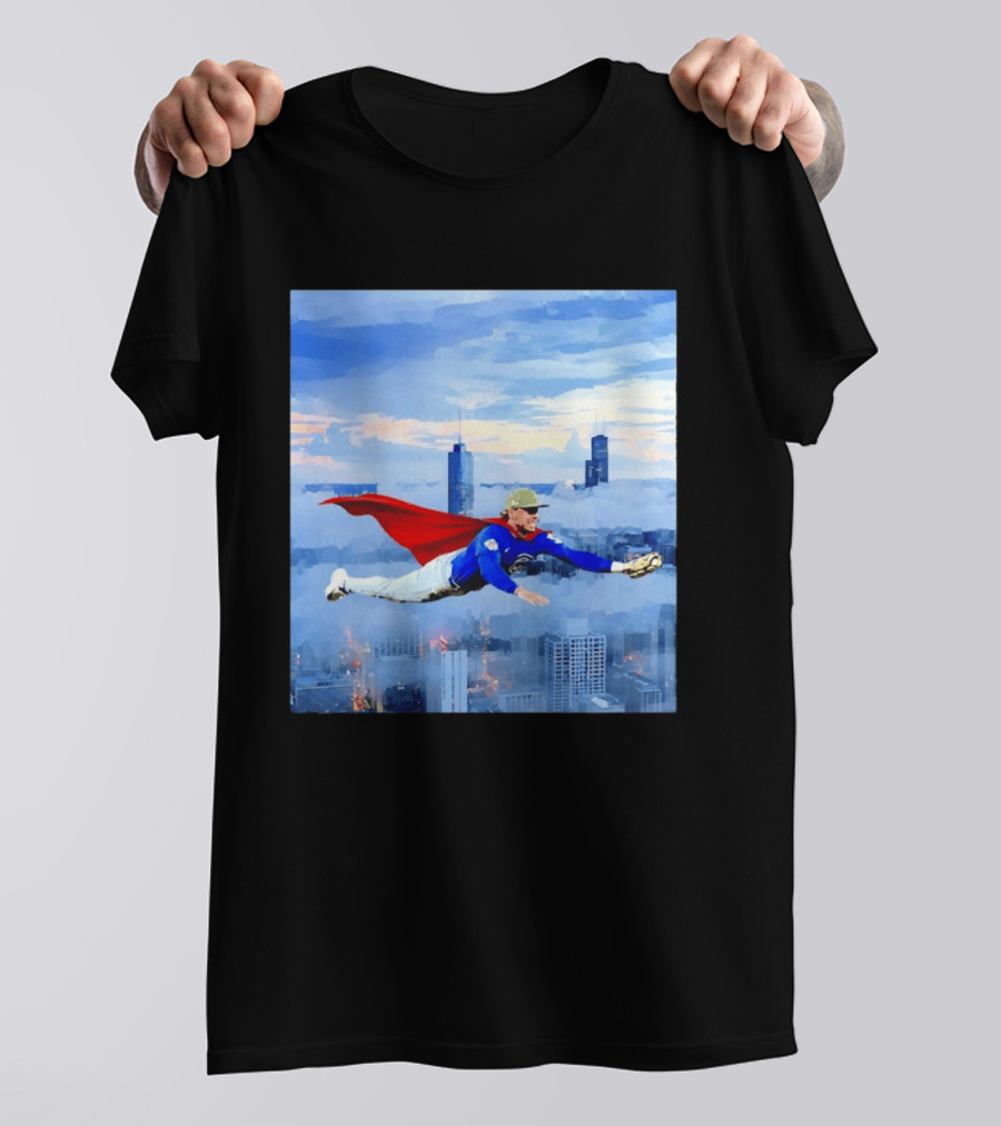 Superman Nico Hoerner Chicago Cubs Second Baseman Flying Over City Skyline T-Shirt