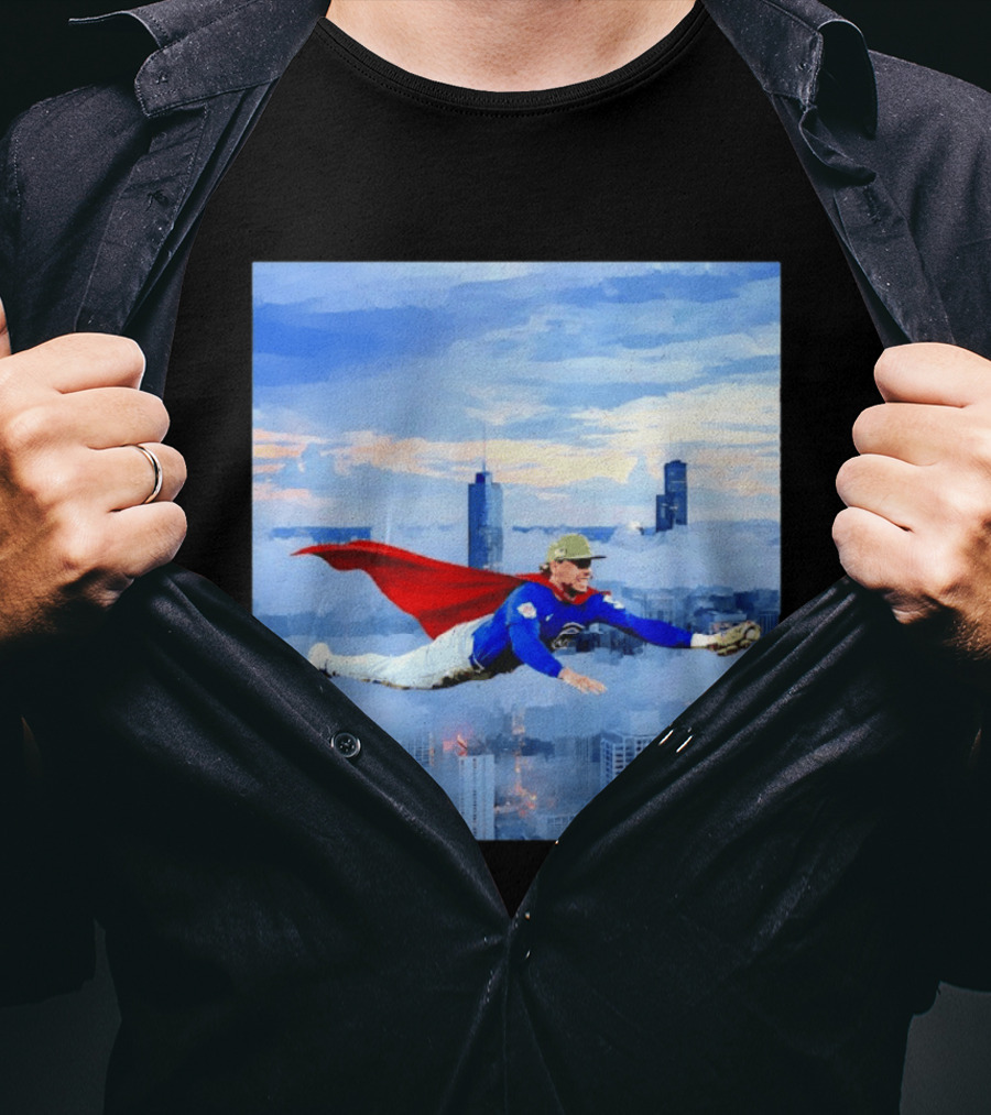 Superman Nico Hoerner Chicago Cubs Second Baseman Flying Over City Skyline T-Shirt