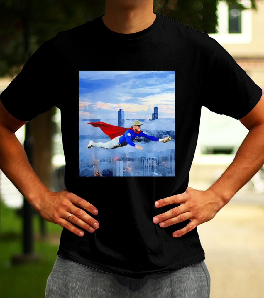 Superman Nico Hoerner Chicago Cubs Second Baseman Flying Over City Skyline T-Shirt