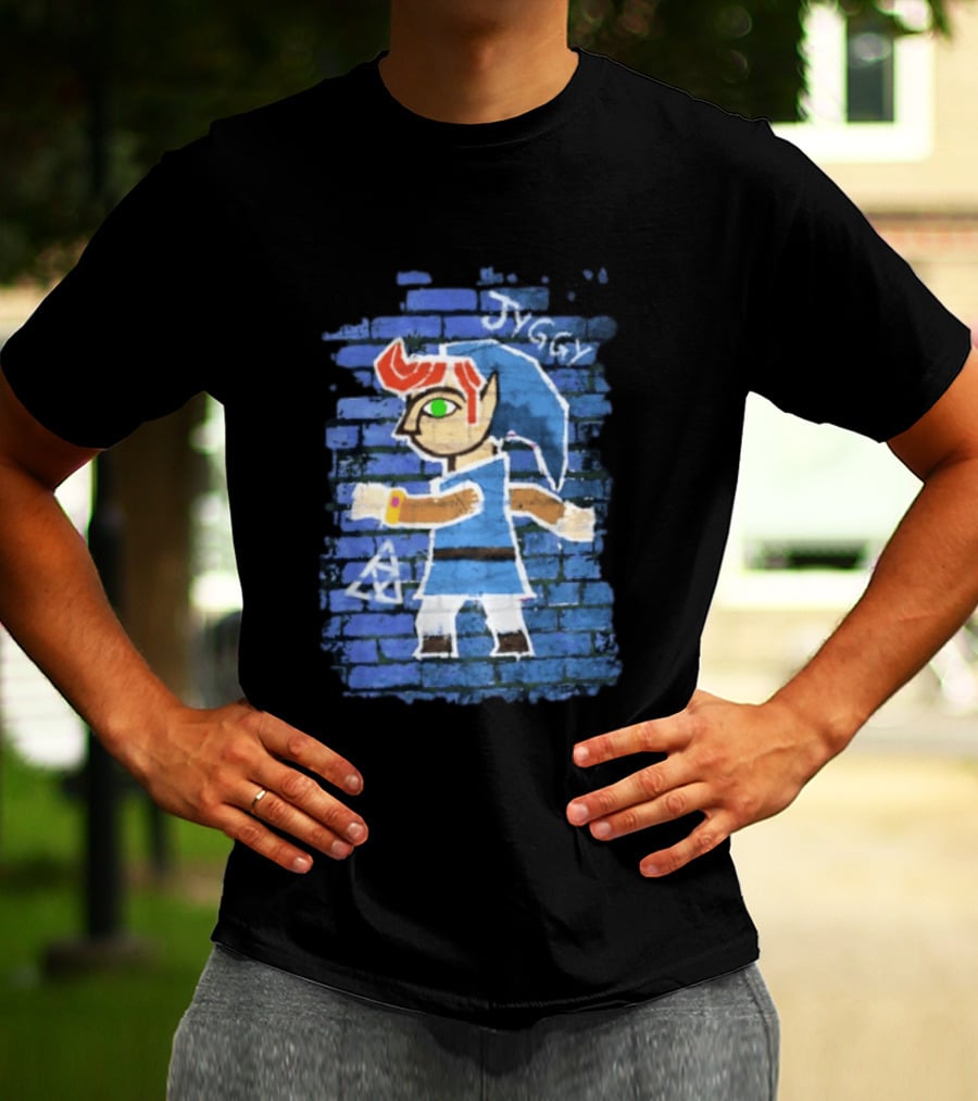 Jyggy ALBJ Character With Triforce On Blue Brick T-Shirt