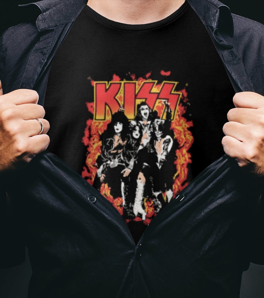 Kiss Flames And Flames All Over With Iconic Band T-Shirt