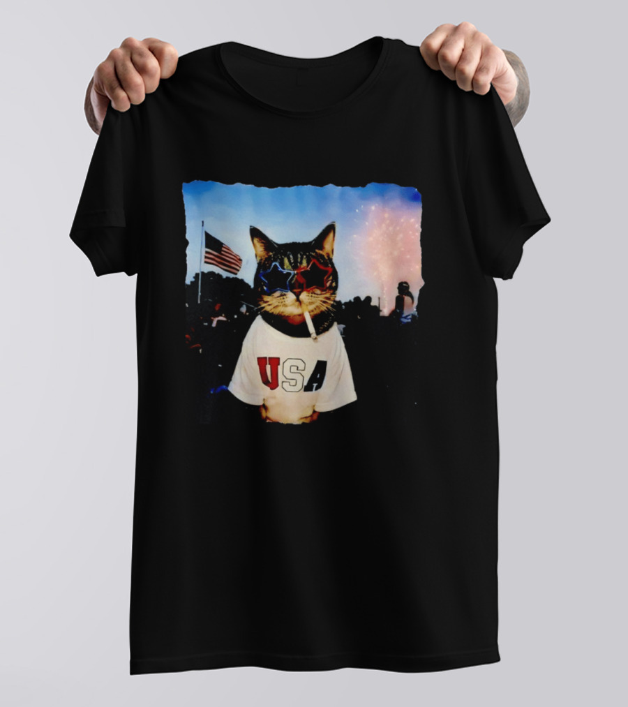 USA Cat With American Flag Sunglasses Smoking Fireworks T-Shirt