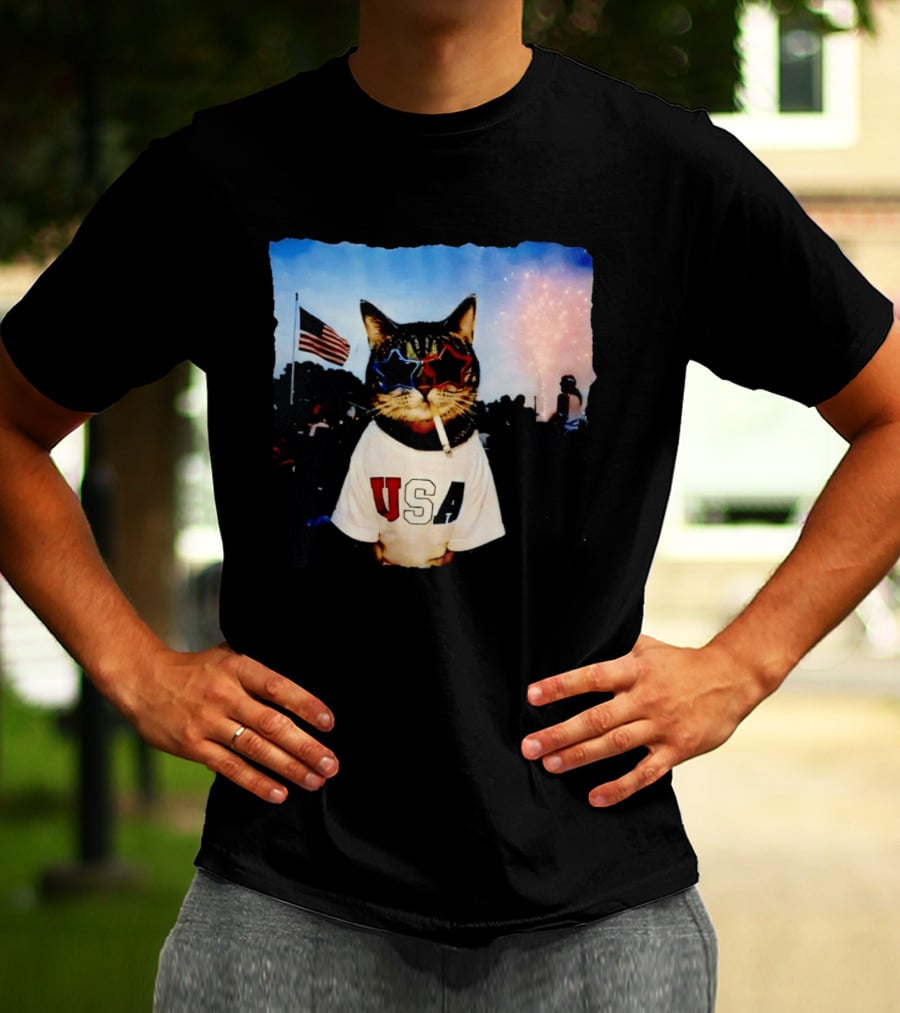 USA Cat With American Flag Sunglasses Smoking Fireworks T-Shirt