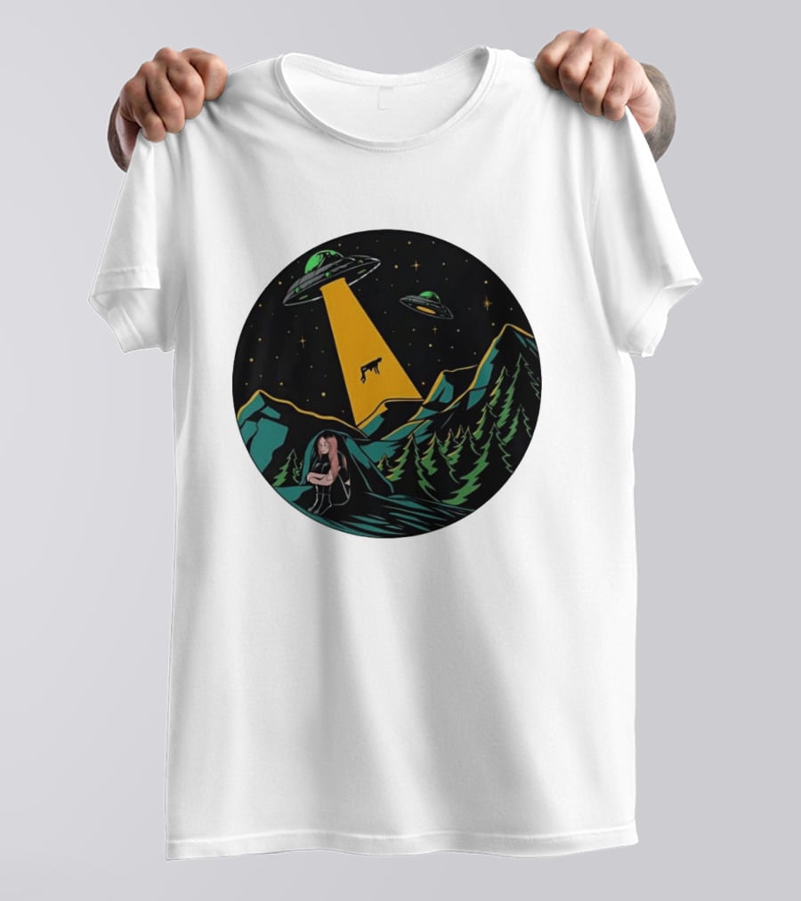 UFOs Aliens Abduction Night Sky Mountains Forest Trees Stars Beam T-Shirt