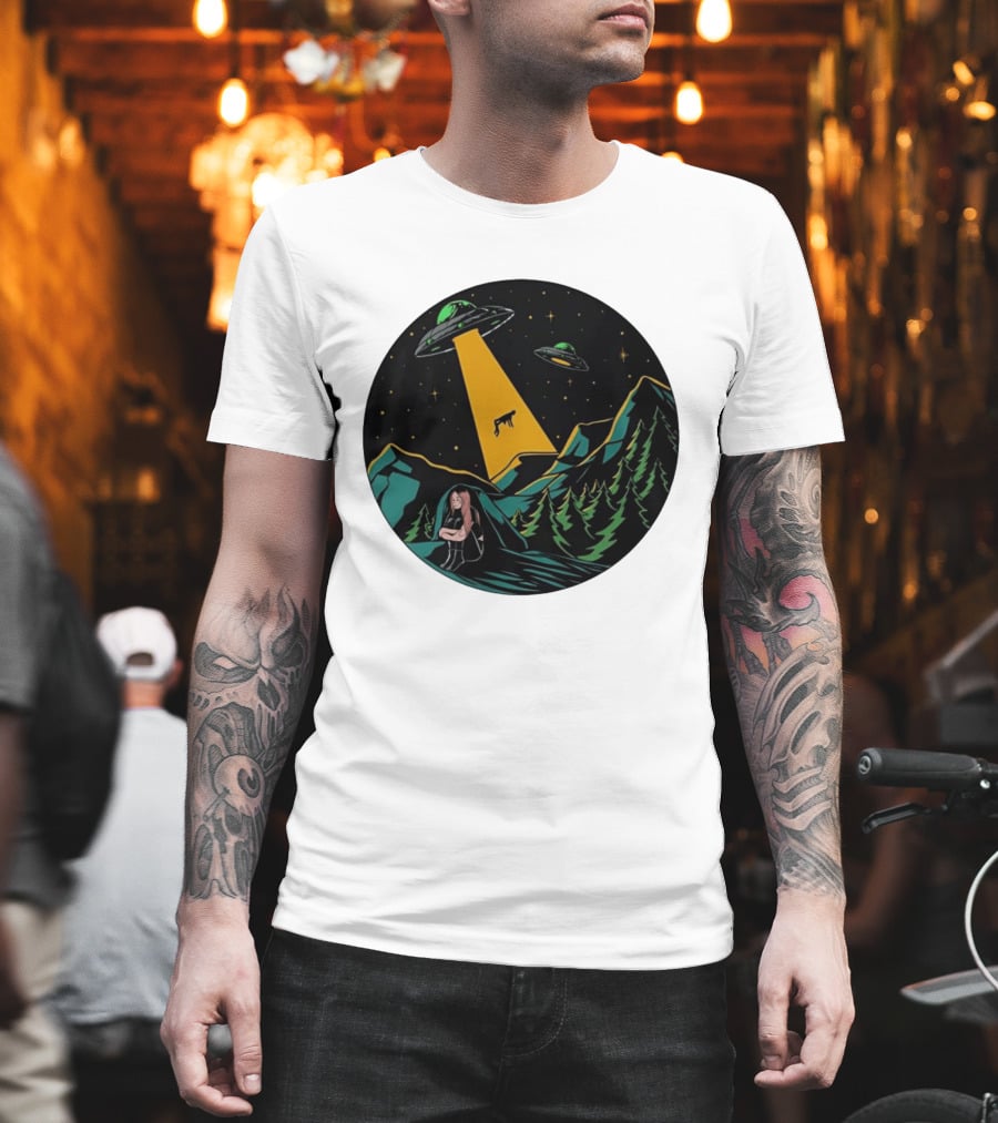 UFOs Aliens Abduction Night Sky Mountains Forest Trees Stars Beam T-Shirt