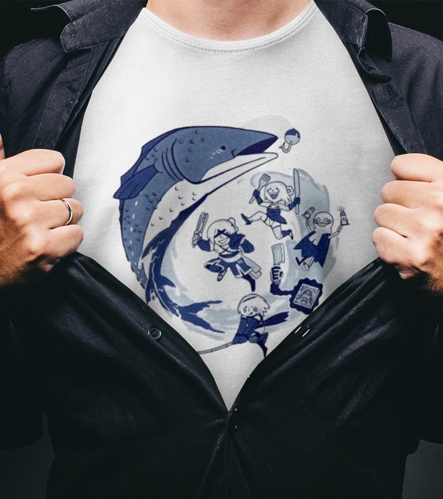NieR Automata 2B Fishing Cooking Game Characters Wave T-Shirt