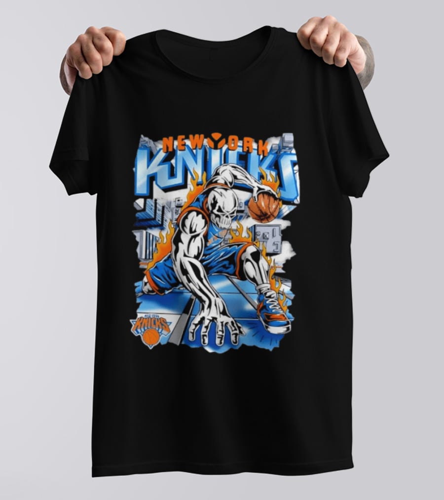 New York Knicks Basketball Urban Street Art Comic Style Flame Warrior T-Shirt