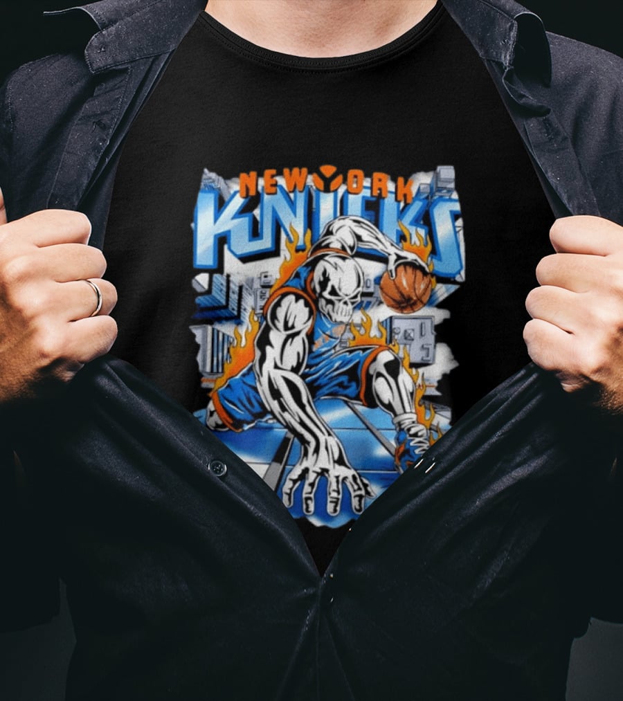 New York Knicks Basketball Urban Street Art Comic Style Flame Warrior T-Shirt