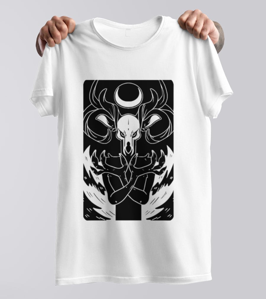 Deer Skull Antlers Crescent Moon Spirit Hands Rays Ritual Mystical Symbolism T-Shirt