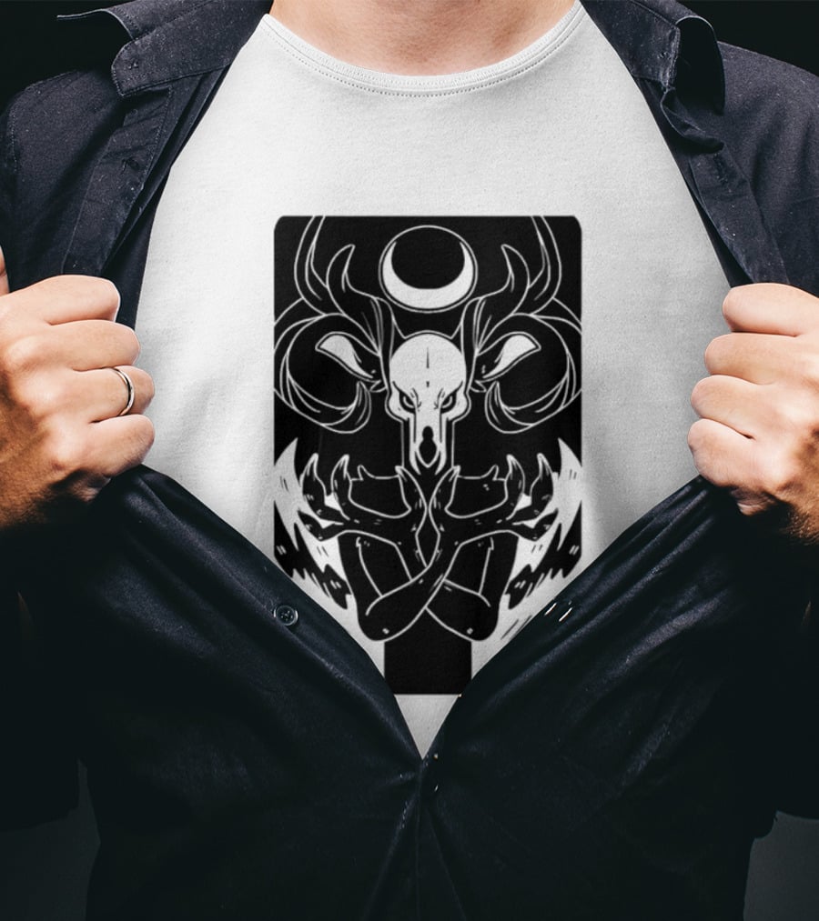 Deer Skull Antlers Crescent Moon Spirit Hands Rays Ritual Mystical Symbolism T-Shirt