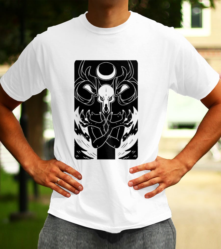 Deer Skull Antlers Crescent Moon Spirit Hands Rays Ritual Mystical Symbolism T-Shirt