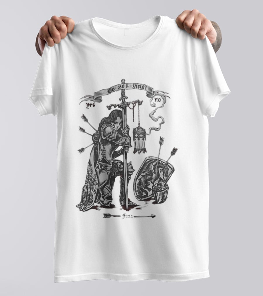 Knight Sword Shield Arrows Lantern Helmet Furia Do You Yield Yes No T-Shirt