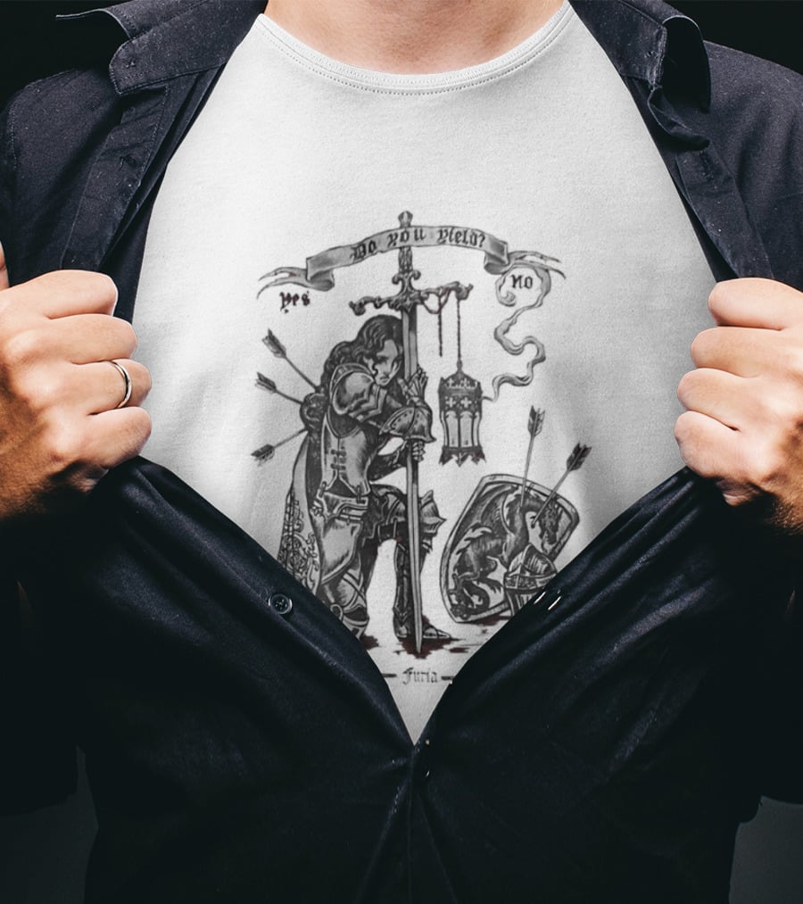 Knight Sword Shield Arrows Lantern Helmet Furia Do You Yield Yes No T-Shirt