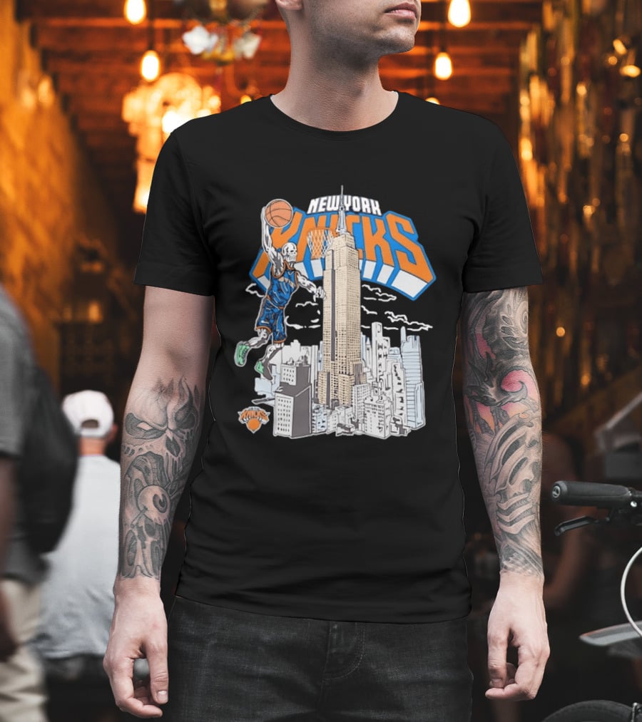 New York Knicks Skeleton Basketball Player Empire State Building Slam Dunk NBA T-Shirt
