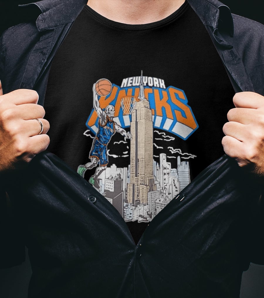 New York Knicks Skeleton Basketball Player Empire State Building Slam Dunk NBA T-Shirt