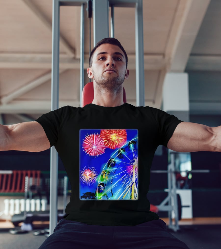 Ferris Wheel Fireworks Night Display Blue Sky T-Shirt