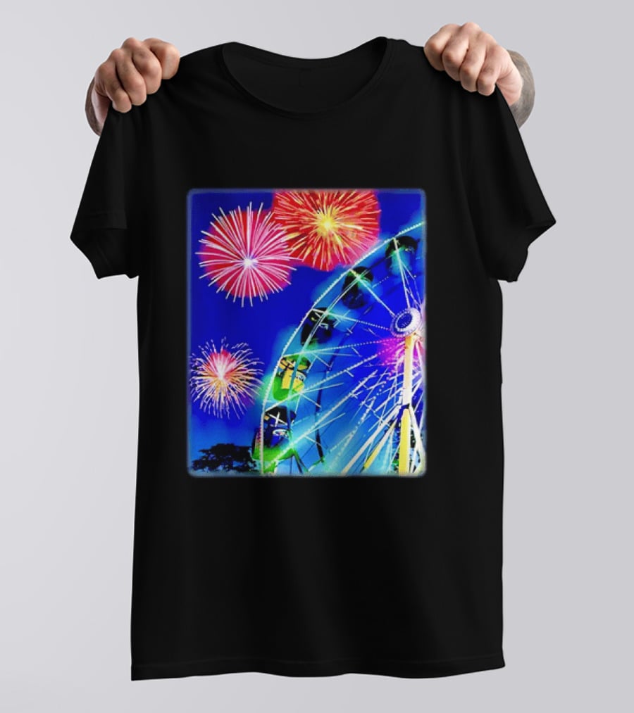Ferris Wheel Fireworks Night Display Blue Sky T-Shirt