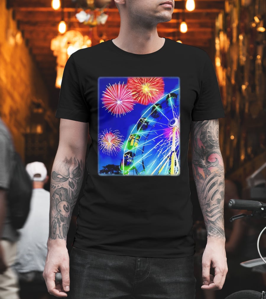 Ferris Wheel Fireworks Night Display Blue Sky T-Shirt