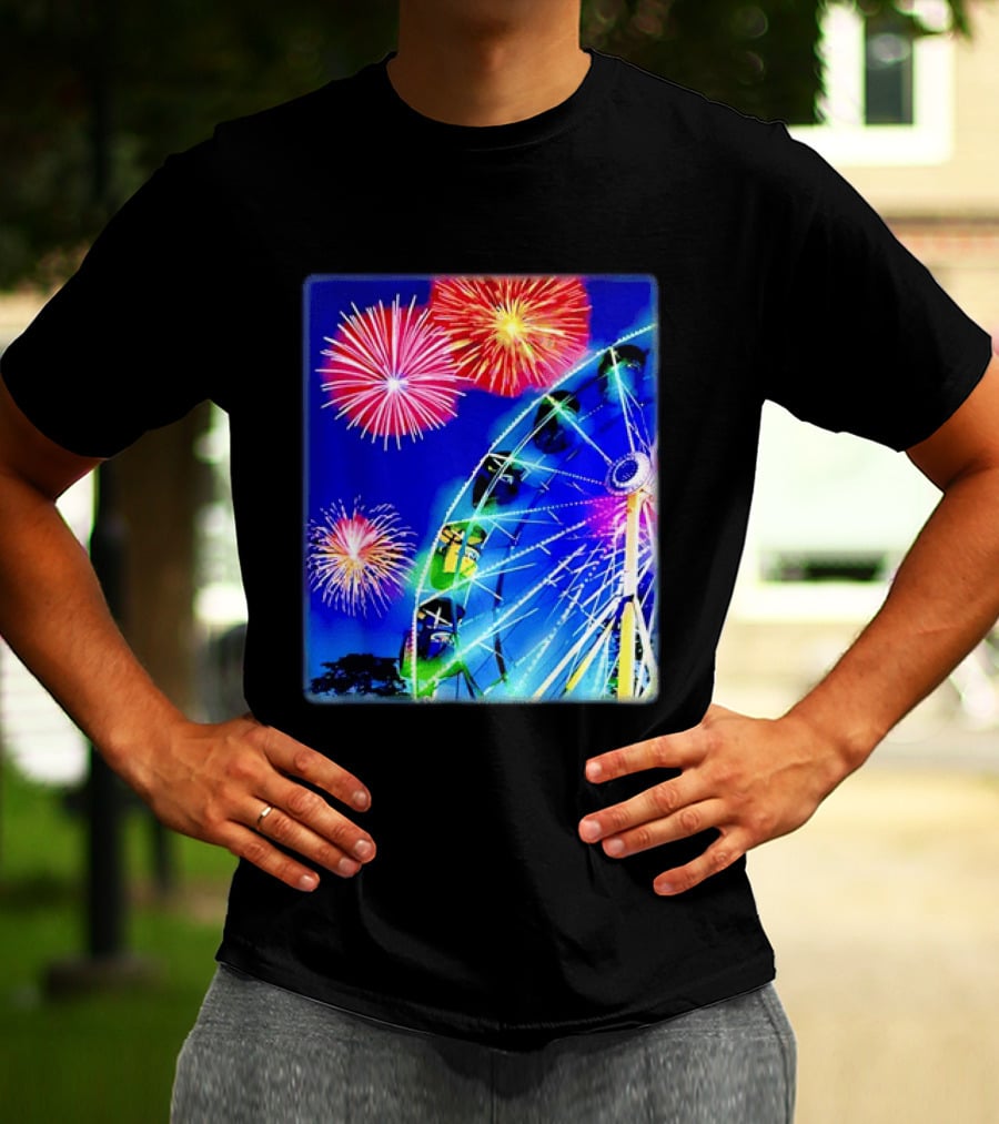 Ferris Wheel Fireworks Night Display Blue Sky T-Shirt