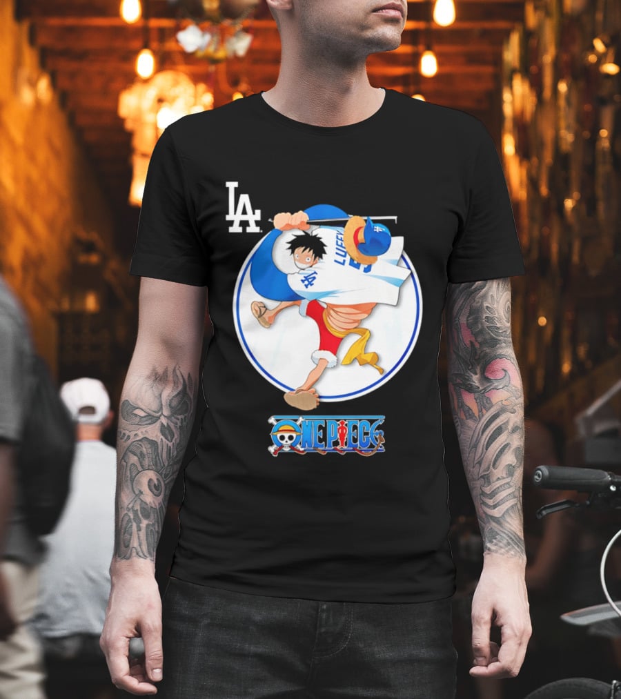Los Angeles Dodgers Luffy OnePiece Collaboration With LA Logo And One Piece Branding T-Shirt