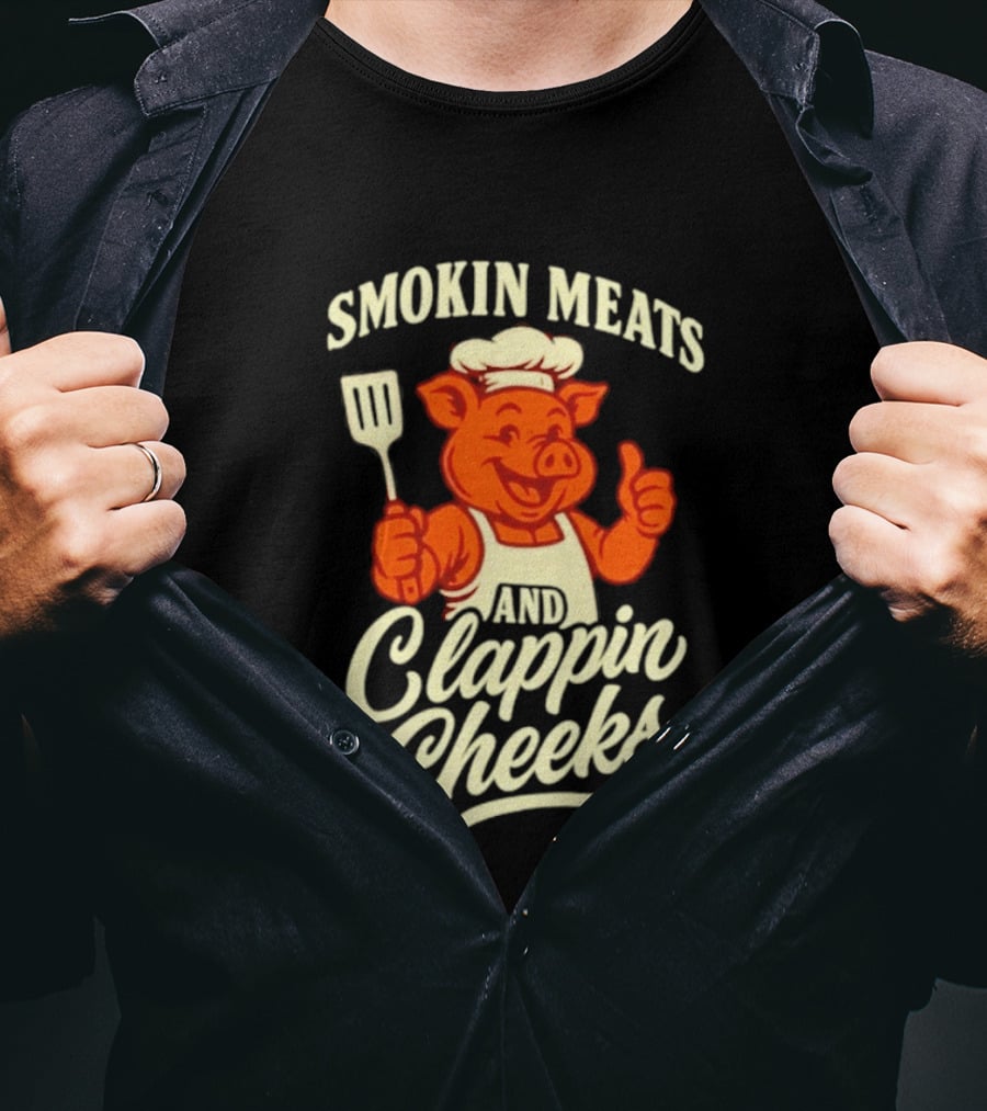Smokin Meats And Clappin Cheeks Pig Chef Thumbs Up BBQ T-Shirt
