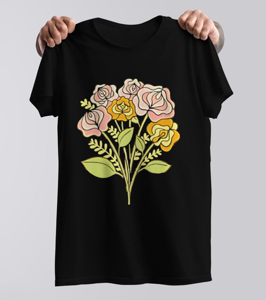 Pink Roses Yellow Roses Leaves Stems Bloom Blossom Petal Flower Plant T-Shirt