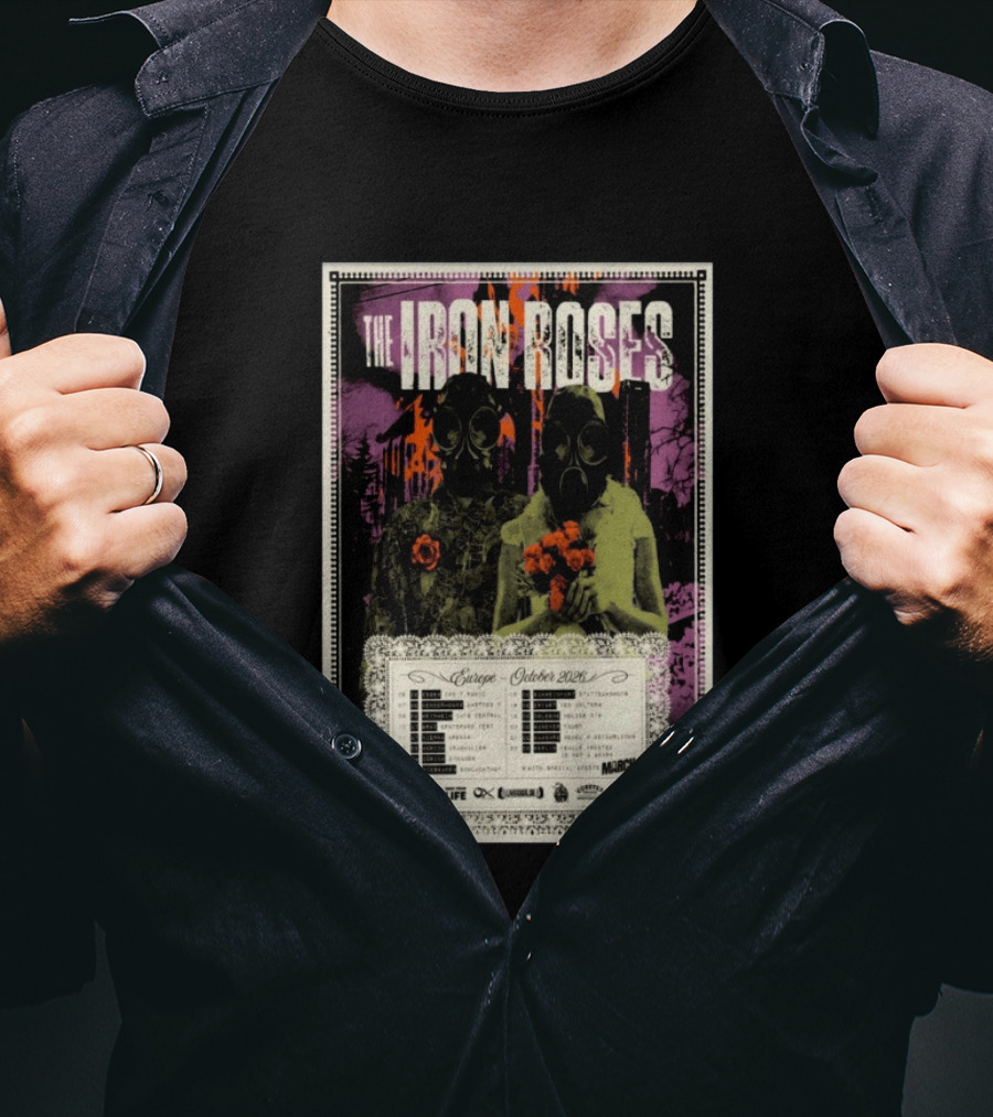 The Iron Roses Tour Europe 2026 October Dates With Gas Masks And Roses T-Shirt