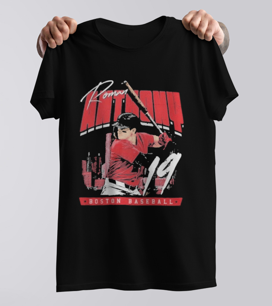 Roman Anthony 19 Boston Baseball Skyline Batting Scene T-Shirt