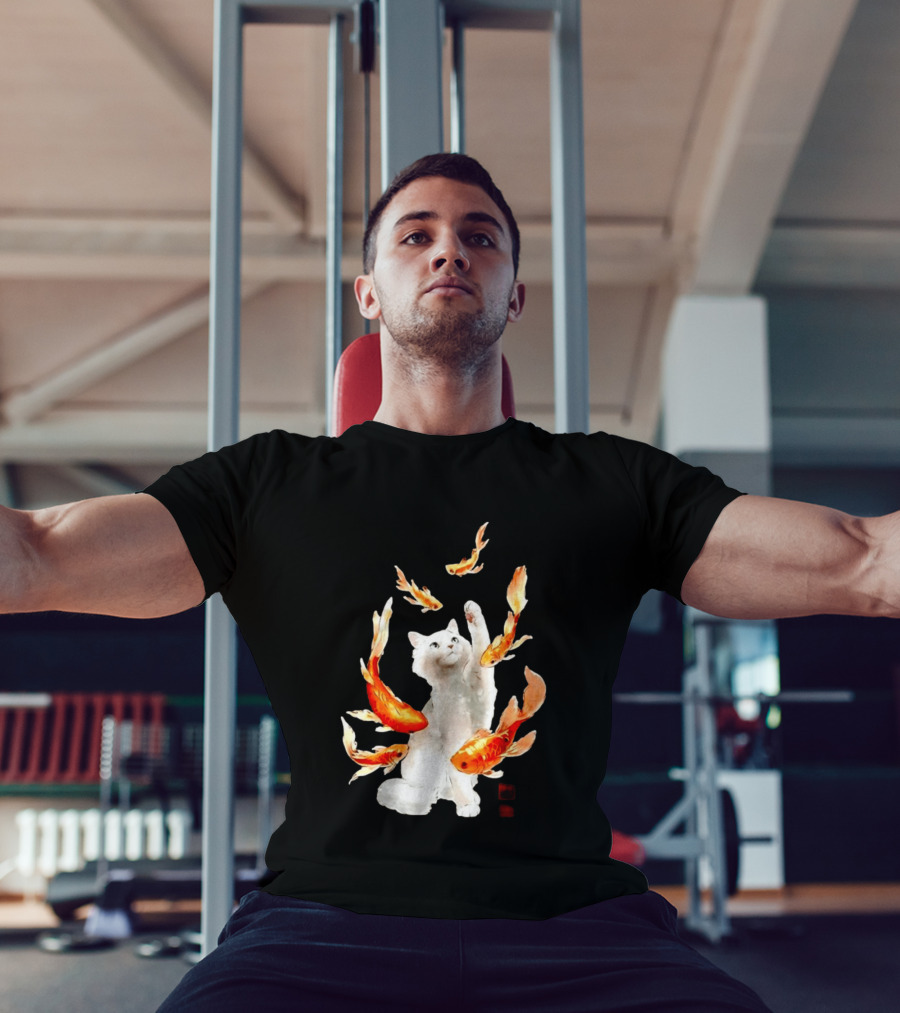 Playful White Cat Surrounded By Goldfish T-Shirt