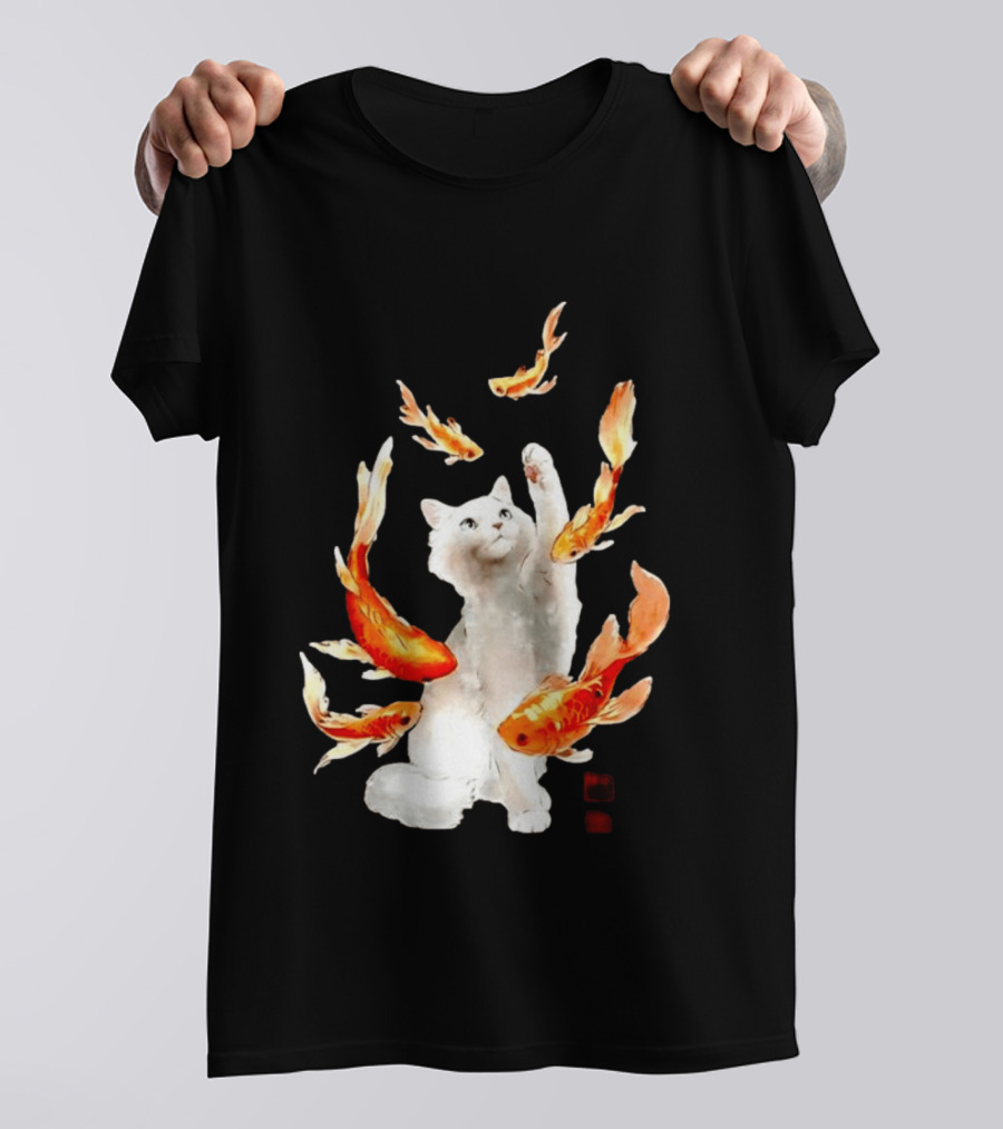 Playful White Cat Surrounded By Goldfish T-Shirt