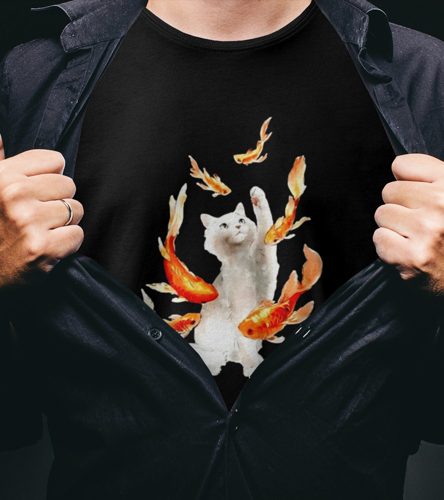 Playful White Cat Surrounded By Goldfish T-Shirt