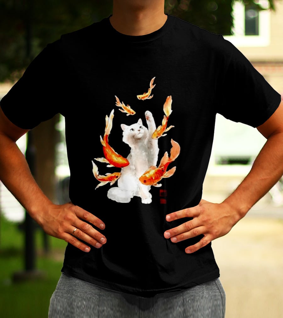 Playful White Cat Surrounded By Goldfish T-Shirt