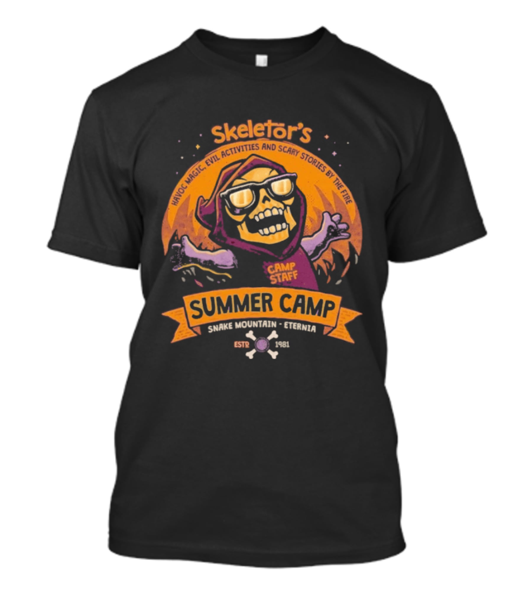 Skeletor's Summer Camp Staff Snake Mountain Eternis Evil Activities Eternia Estd 1981 T-Shirt