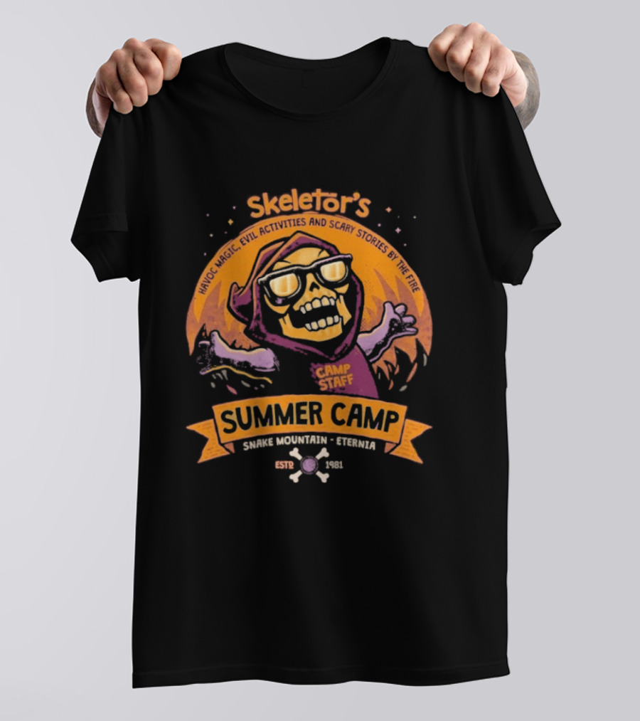Skeletor's Summer Camp Staff Snake Mountain Eternis Evil Activities Eternia Estd 1981 T-Shirt