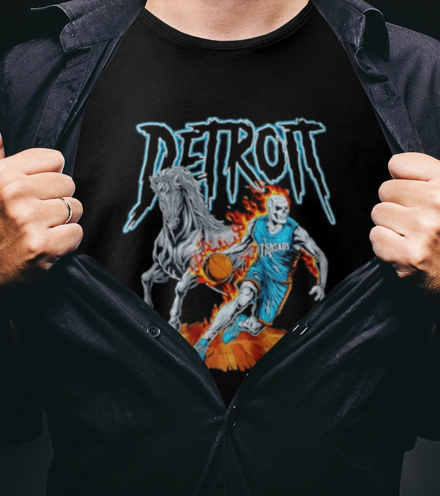 Detroit Skeleton Basketball Player With Fiery Basketball And Horse T-Shirt