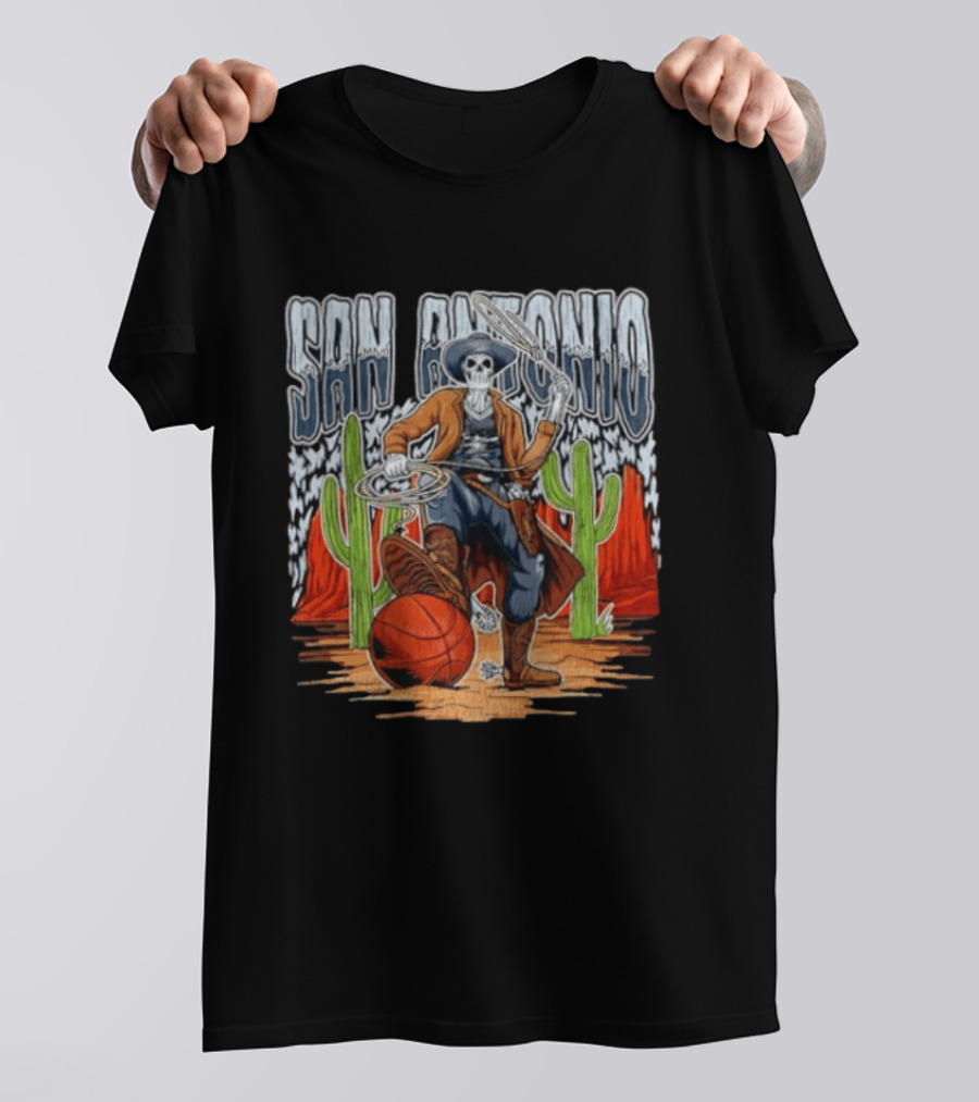 San Antonio Skeleton Cowboy With Basketball And Cactus Scene T-Shirt