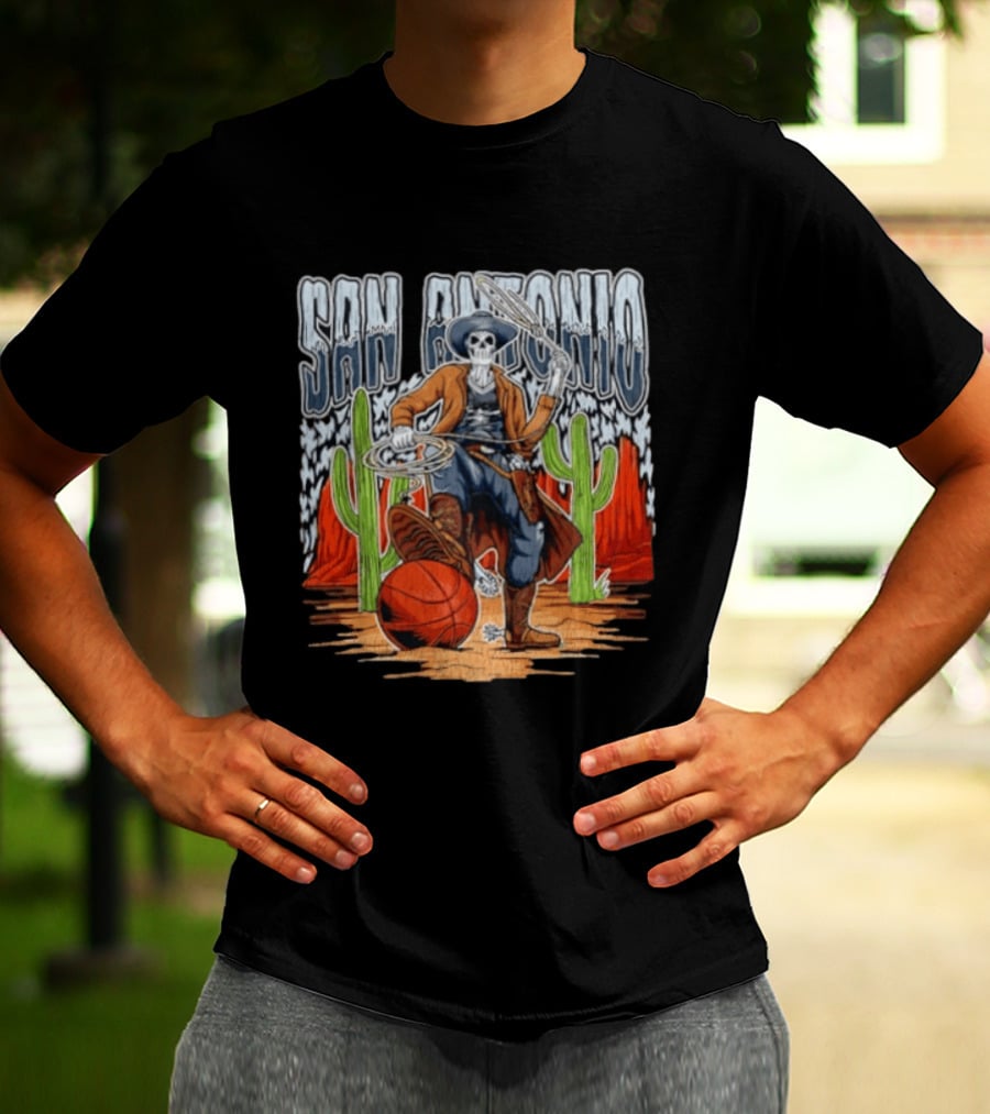 San Antonio Skeleton Cowboy With Basketball And Cactus Scene T-Shirt