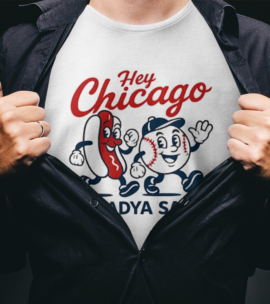Chicago Baseball Hey Whadya Say Hot Dog Cartoon Characters T-Shirt