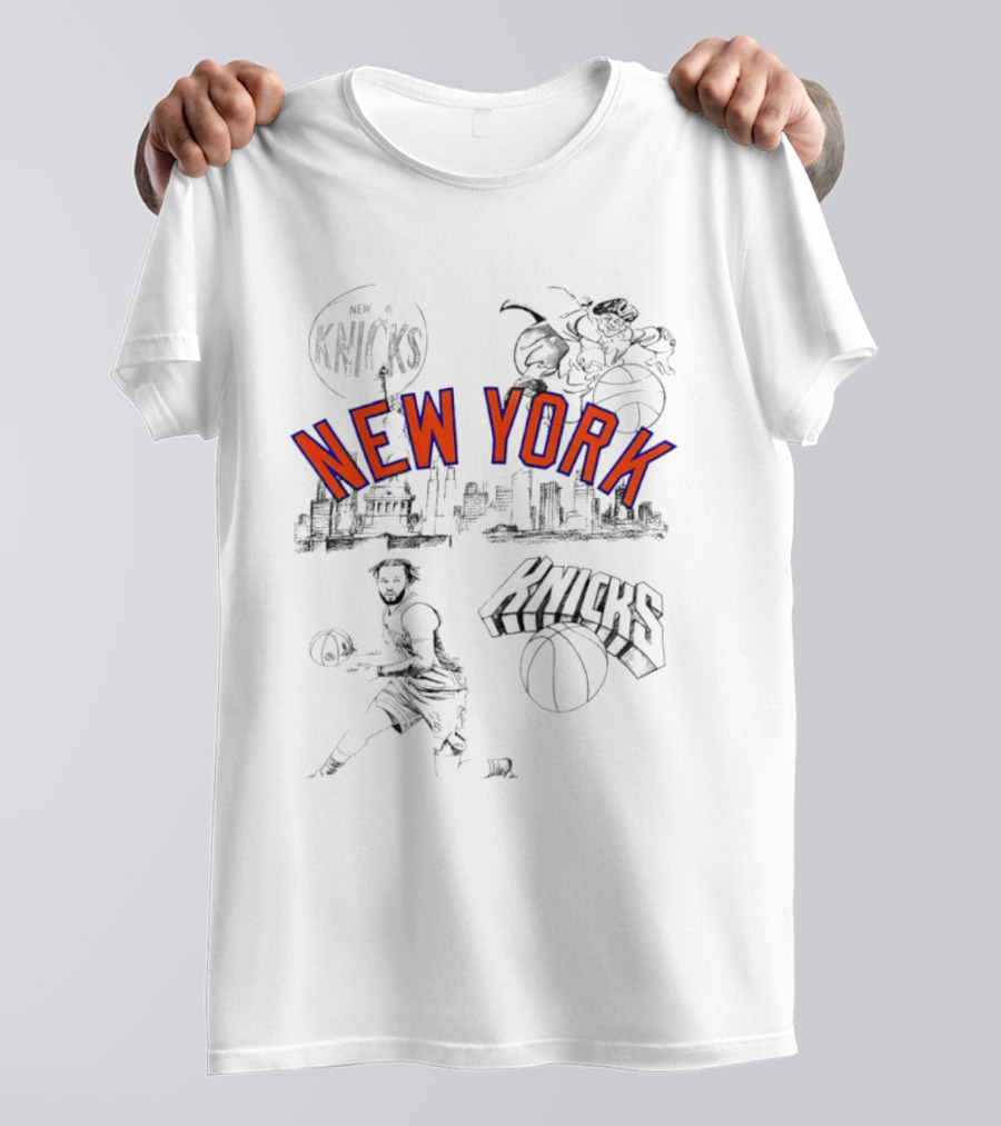 New York Knicks Skyline Basketball Player Graphic Cityscape Iconic Landmarks T-Shirt
