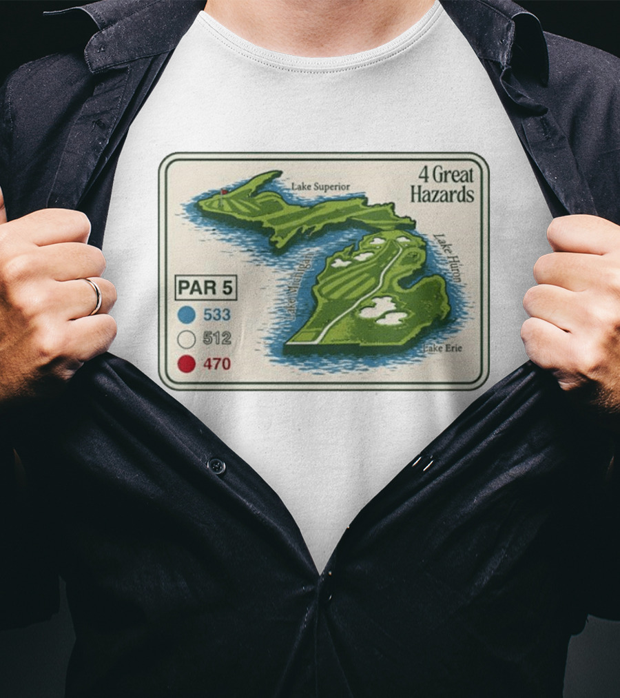 Michigan Golf Par 5 Course Map With 4 Great Hazards Lake Superior Huron Erie T-Shirt