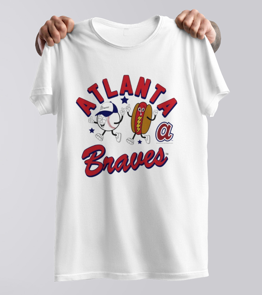 Atlanta Braves Baseball Character With Hot Dog Snack And Team Spirit T-Shirt