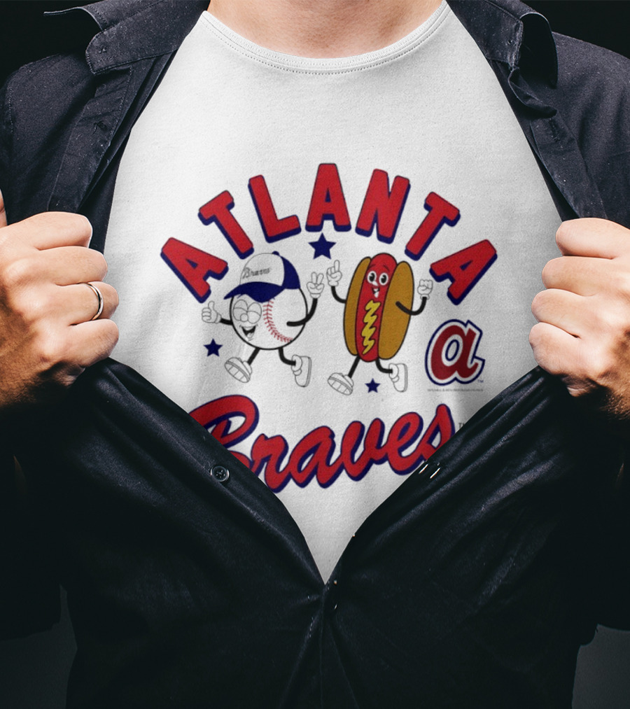 Atlanta Braves Baseball Character With Hot Dog Snack And Team Spirit T-Shirt