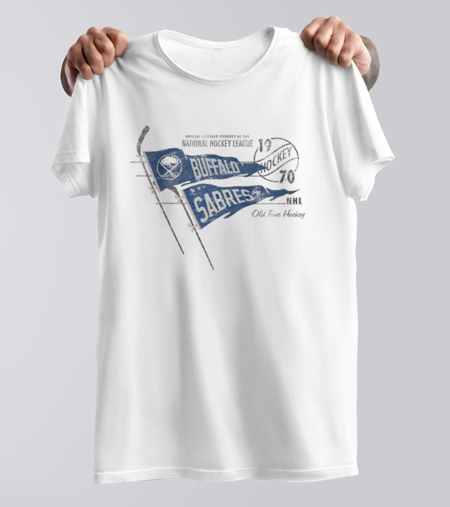 Buffalo Sabres 1970 Old Time Hockey Crossed Hockey Sticks Pennants Navy Blue T-Shirt