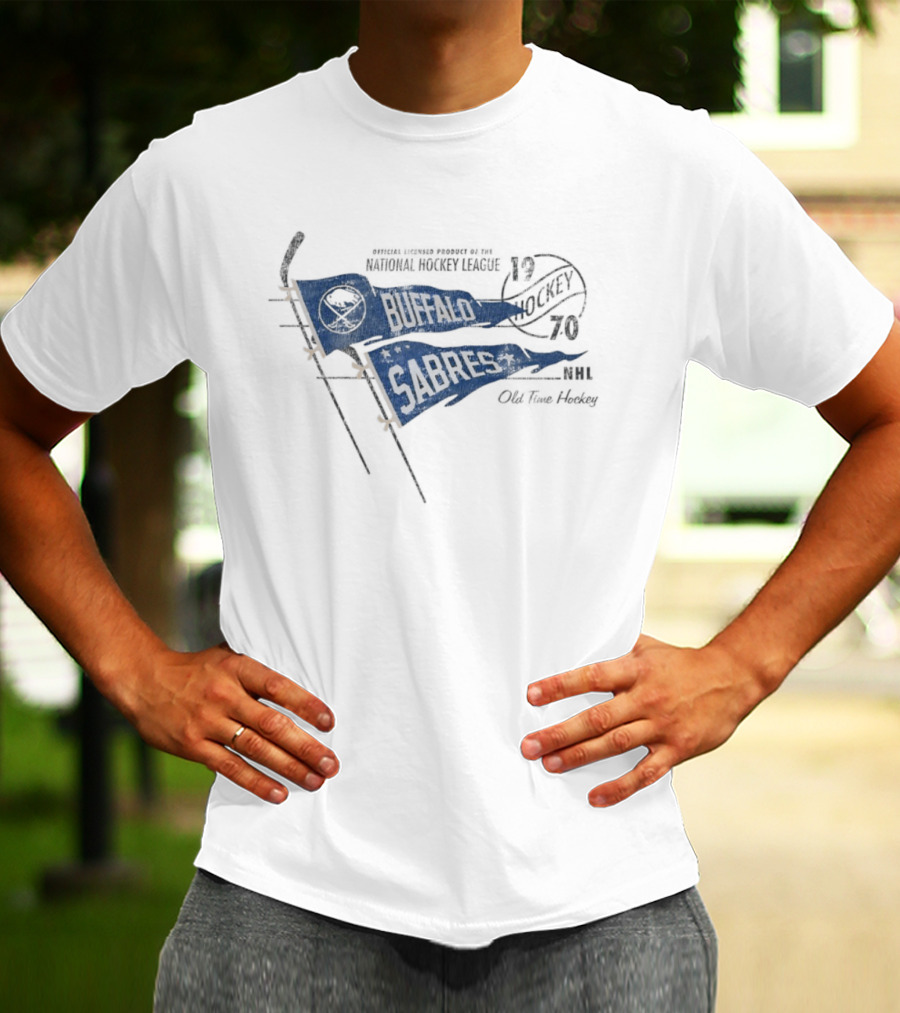 Buffalo Sabres 1970 Old Time Hockey Crossed Hockey Sticks Pennants Navy Blue T-Shirt