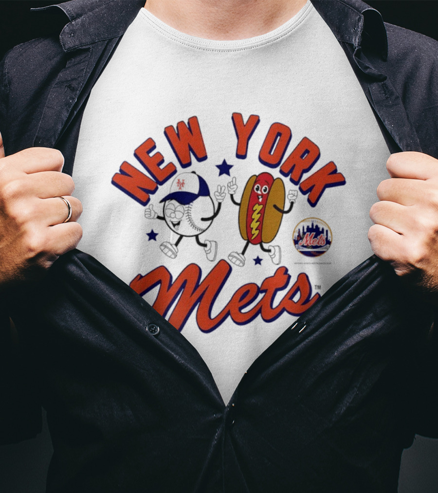 New York Mets Baseball Hot Dog And Baseball Character Animation T-Shirt